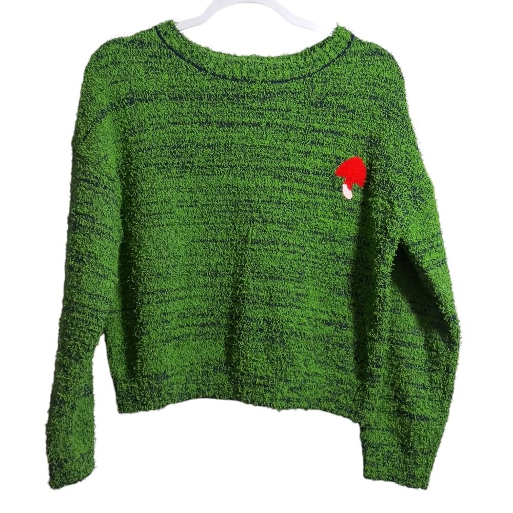 CIDER Green Fuzzy Mushroom Embroidery Sweater Novelty Casual Size Small